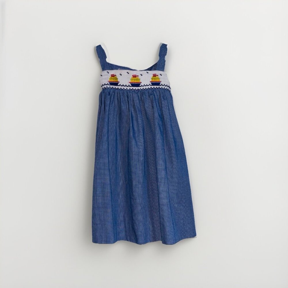 Silly Goose Girls Navy‎ Plaid Hand Smocked Sail Boats Sundress Sz 4T Preppy
